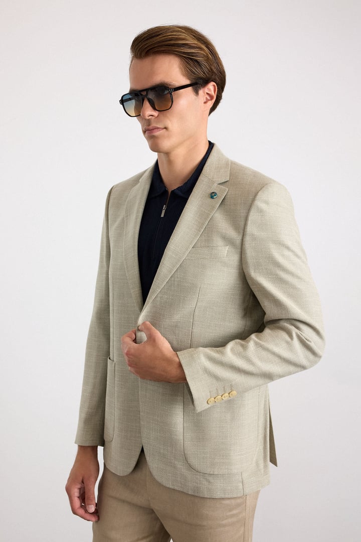 Su Yeşili Slim Mono Yaka Düz Poplin Torba Cep Standart 6 Drop Klasik Ceket