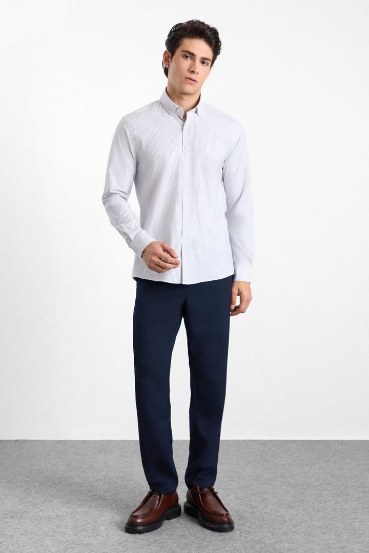Vizon Slim Düğmeli Yaka Dikey Çizgili Armürlü Cepsiz Uzun Kollu Casual Gömlek