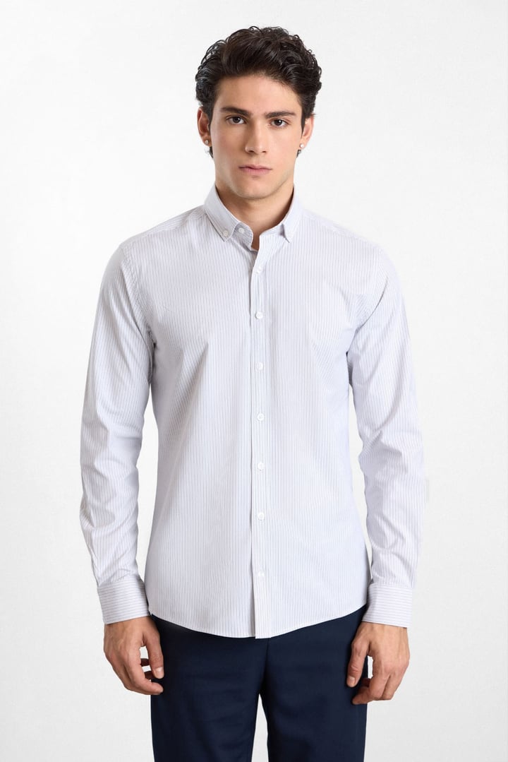 Vizon Slim Düğmeli Yaka Dikey Çizgili Armürlü Cepsiz Uzun Kollu Casual Gömlek