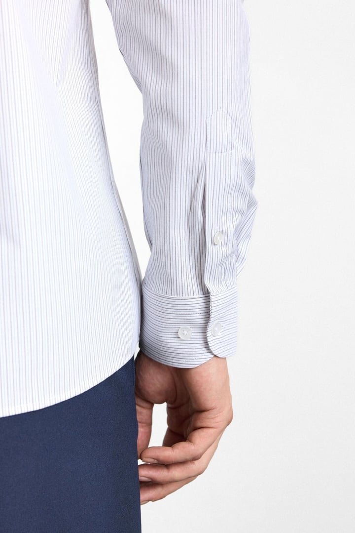 Vizon Slim Düğmeli Yaka Dikey Çizgili Armürlü Cepsiz Uzun Kollu Casual Gömlek