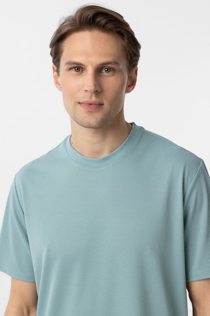 Yeşil Slim Fit Armürlü Bisiklet Yaka Tişört