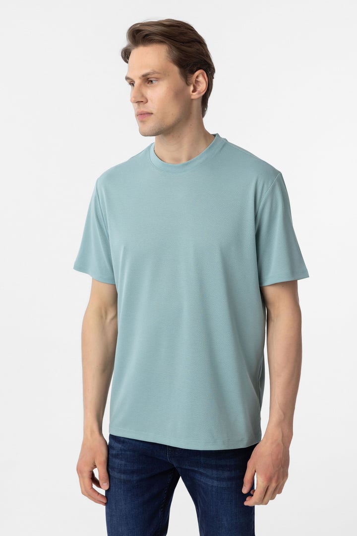 Yeşil Slim Fit Armürlü Bisiklet Yaka Tişört