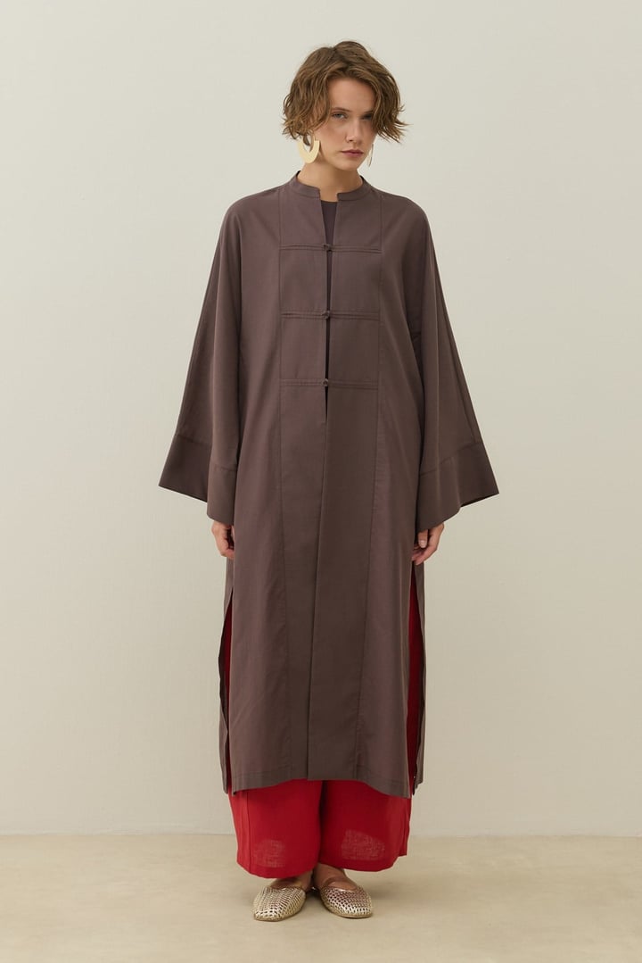 Acı Kahve Hakim Yaka Uzun Vual Kimono