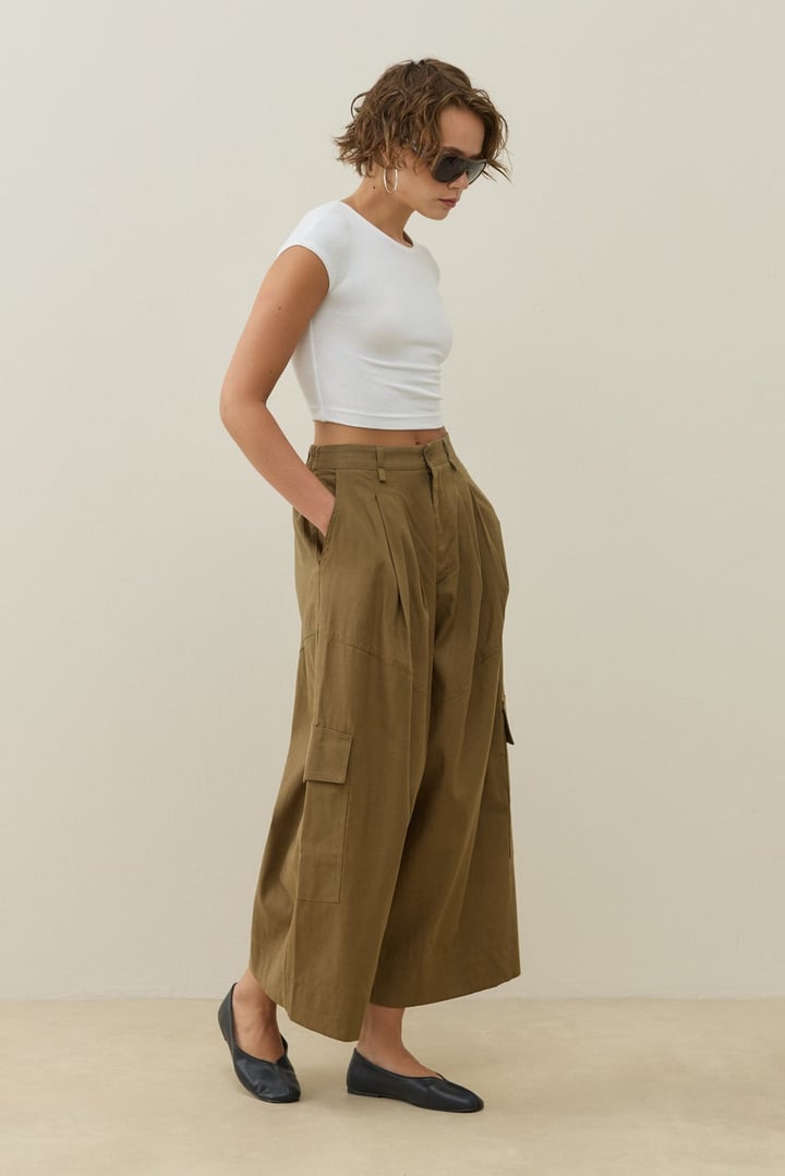 Acı Kahve Kargo Cepli Crop Keten Pantolon