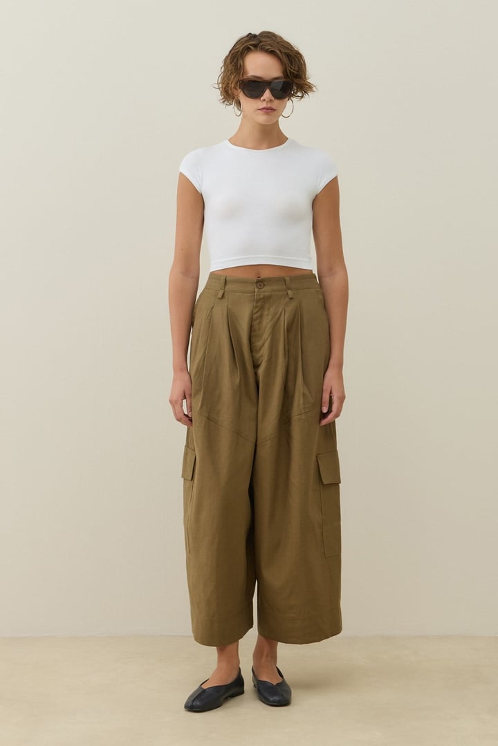 Acı Kahve Kargo Cepli Crop Keten Pantolon
