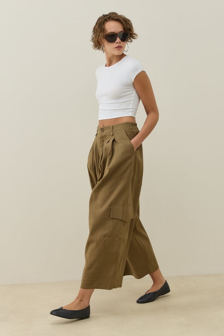 Acı Kahve Kargo Cepli Crop Keten Pantolon