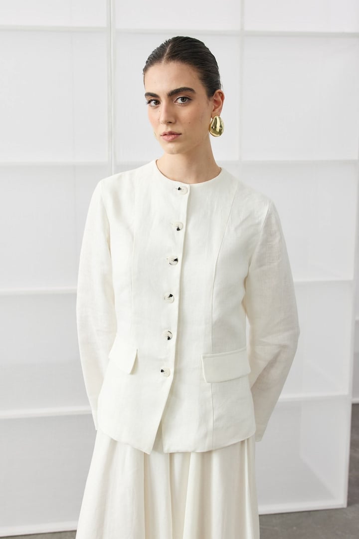 Beyaz Keten Blazer Detaylı Elbise