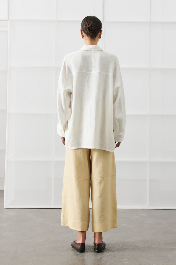 Beyaz Oversize Basic Keten Gömlek