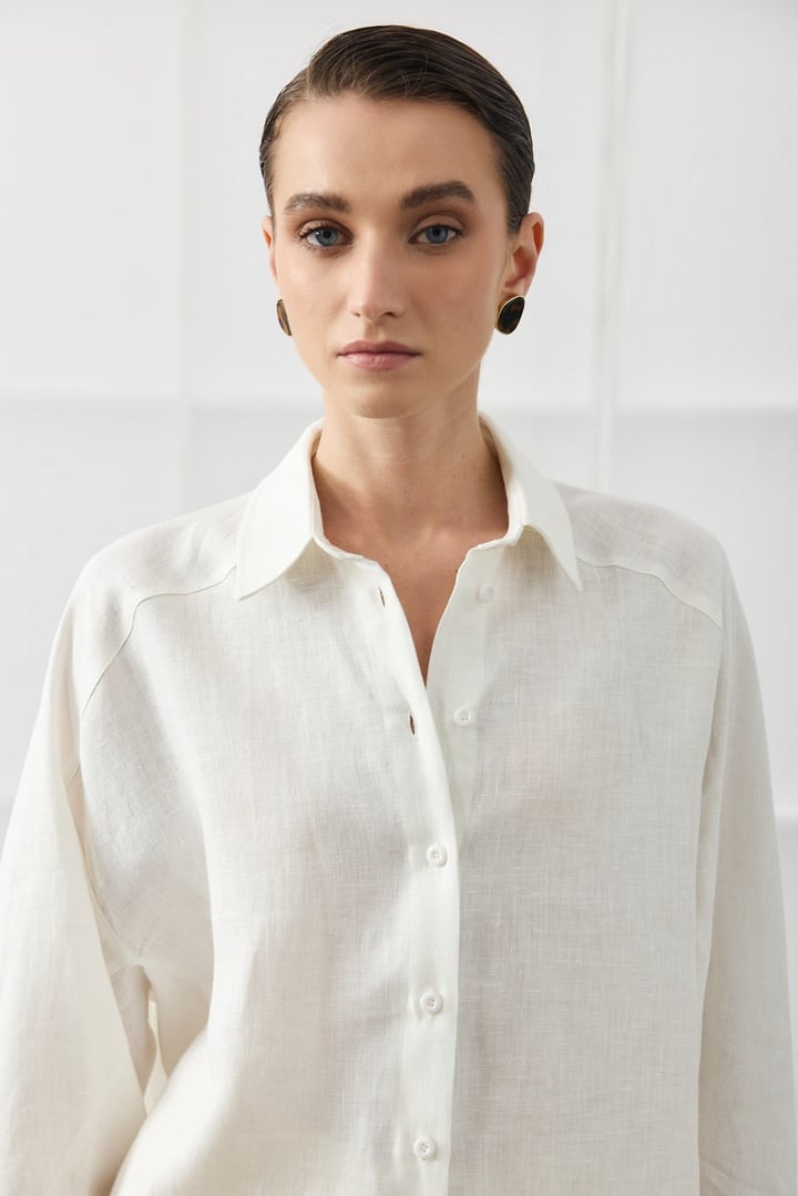 Beyaz Oversize Basic Keten Gömlek
