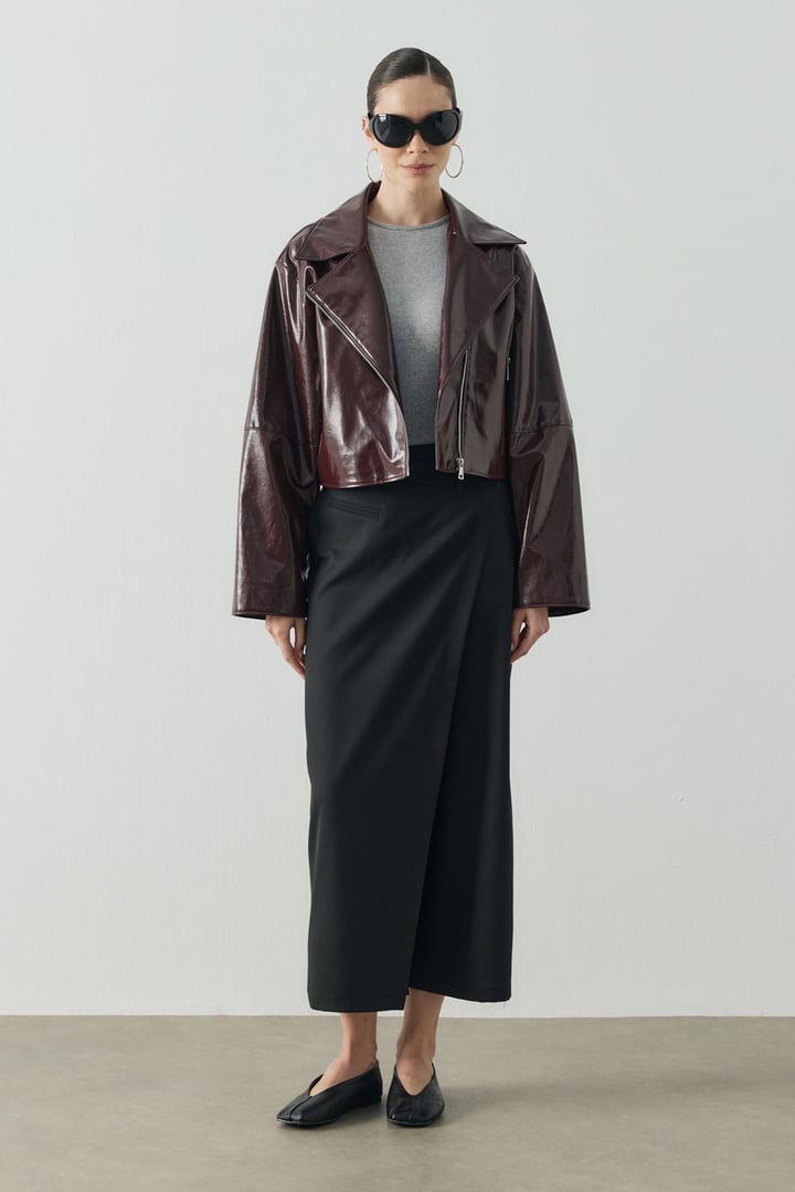 Bordo Crop Biker Deri Ceket