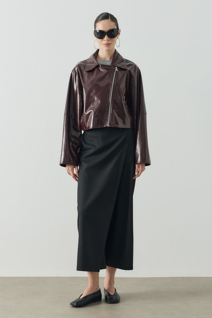 Bordo Crop Biker Deri Ceket