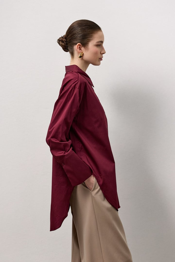 Bordo Pamuklu Arkası Pile Detaylı Regular Fit Gömlek