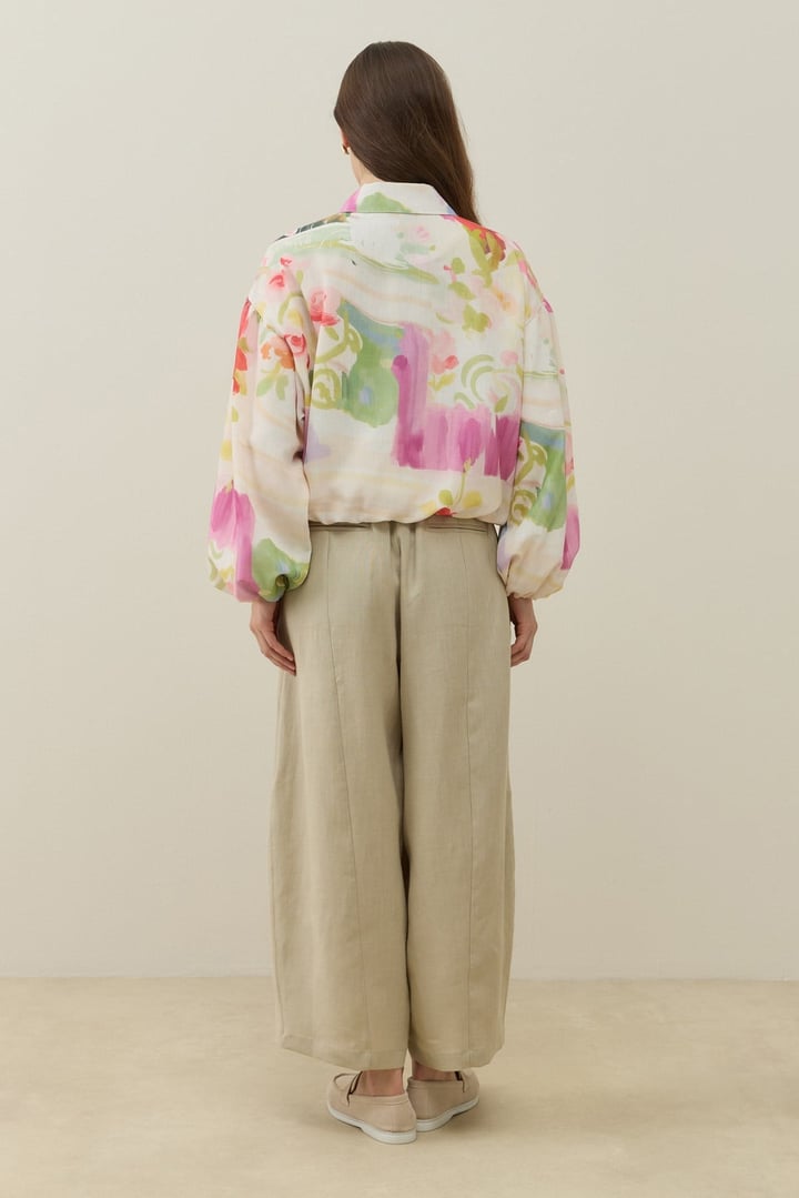 Ekru Floral Tuval Desen Keten Bomber Ceket