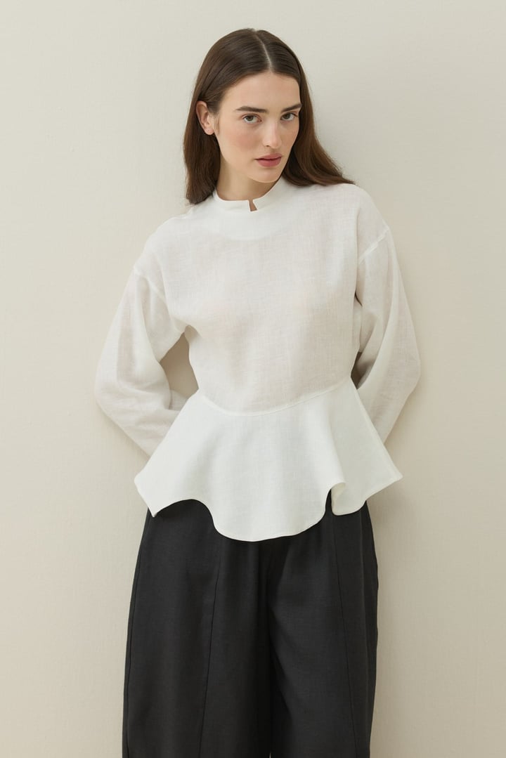 Ekru Hakim Yaka Peplum Keten Bluz