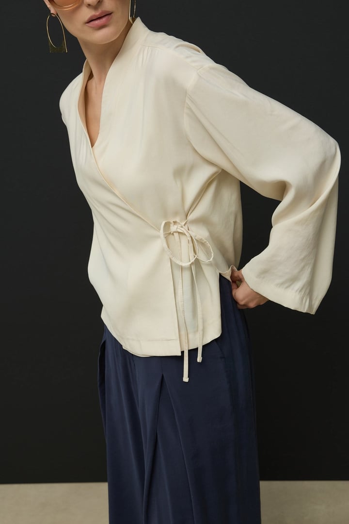 Ekru Kruvaze Bağlamalı Mini Kimono