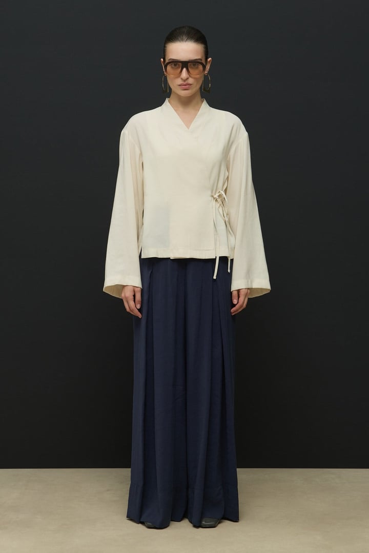 Ekru Kruvaze Bağlamalı Mini Kimono