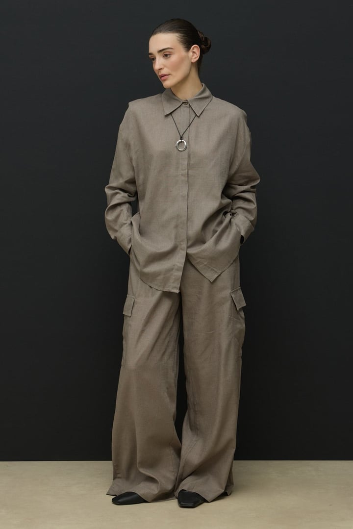 Gri Keten Kargo Pantolonlu Gömlek Takım