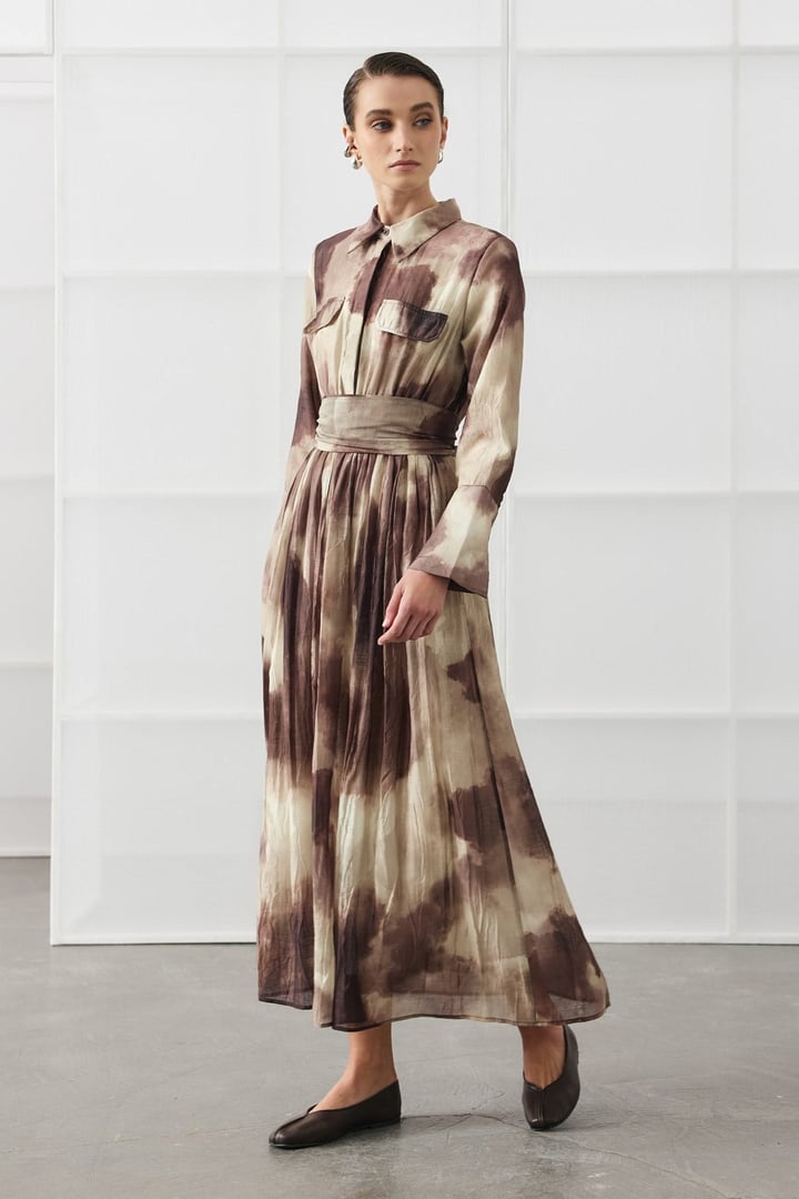 Kahverengi Batik Desen Maxi Elbise