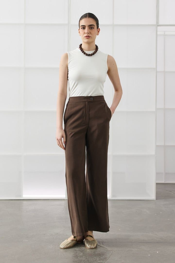 Kahverengi Bol Paça Basic Pantolon