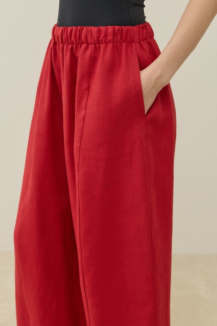 Kırmızı Barrel Fit Keten Pantolon