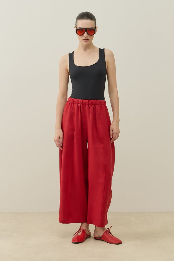 Kırmızı Barrel Fit Keten Pantolon