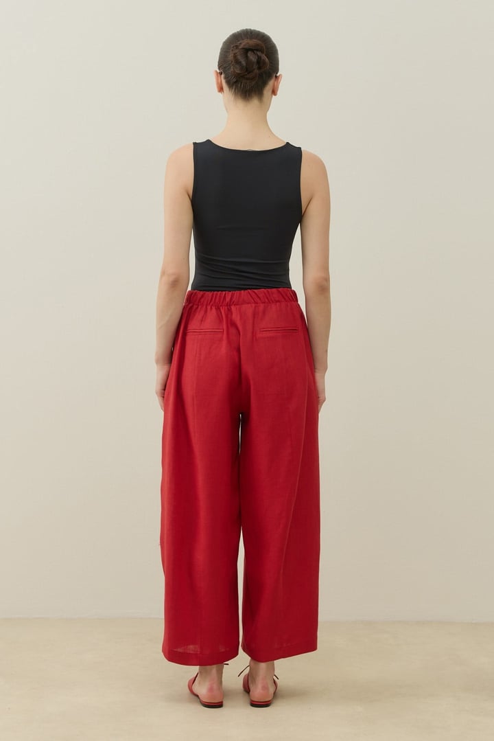 Kırmızı Barrel Fit Keten Pantolon