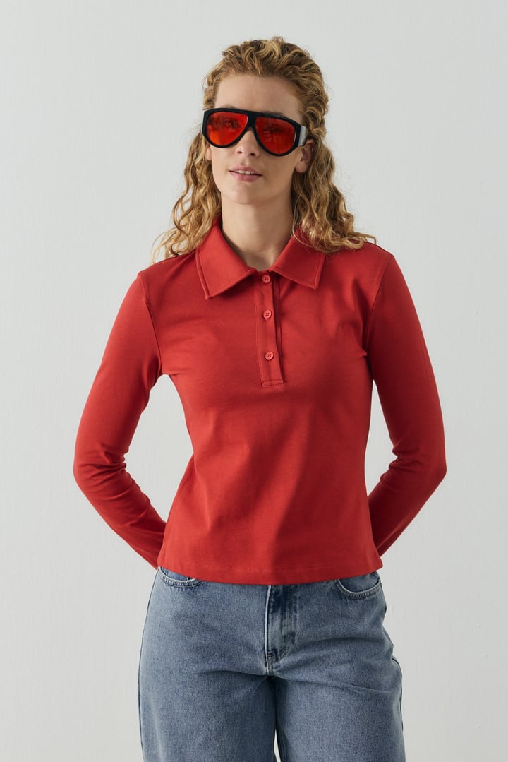 Kırmızı Polo Yaka Uzun Kollu T-shirt