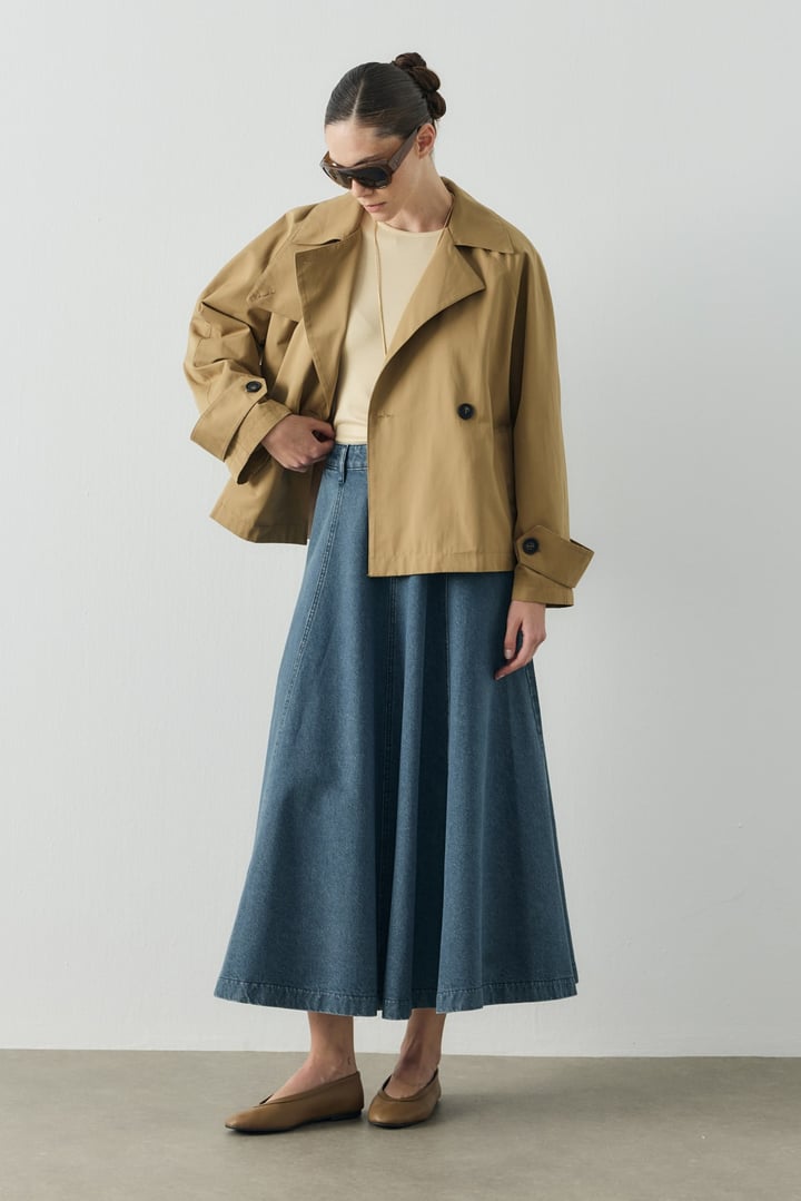 Koyu Camel Kutu Form Crop Gabardin Trenç