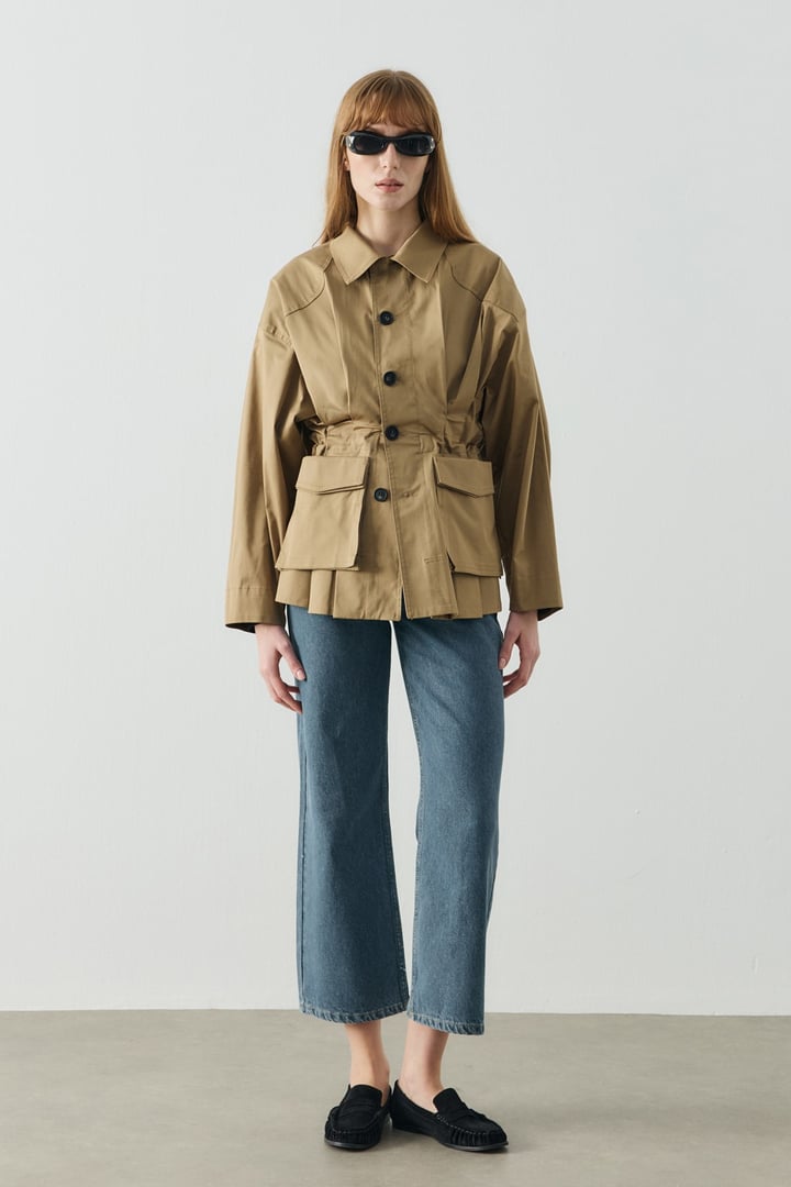 Koyu Camel Maksi Cep Detaylı Gabardin Ceket
