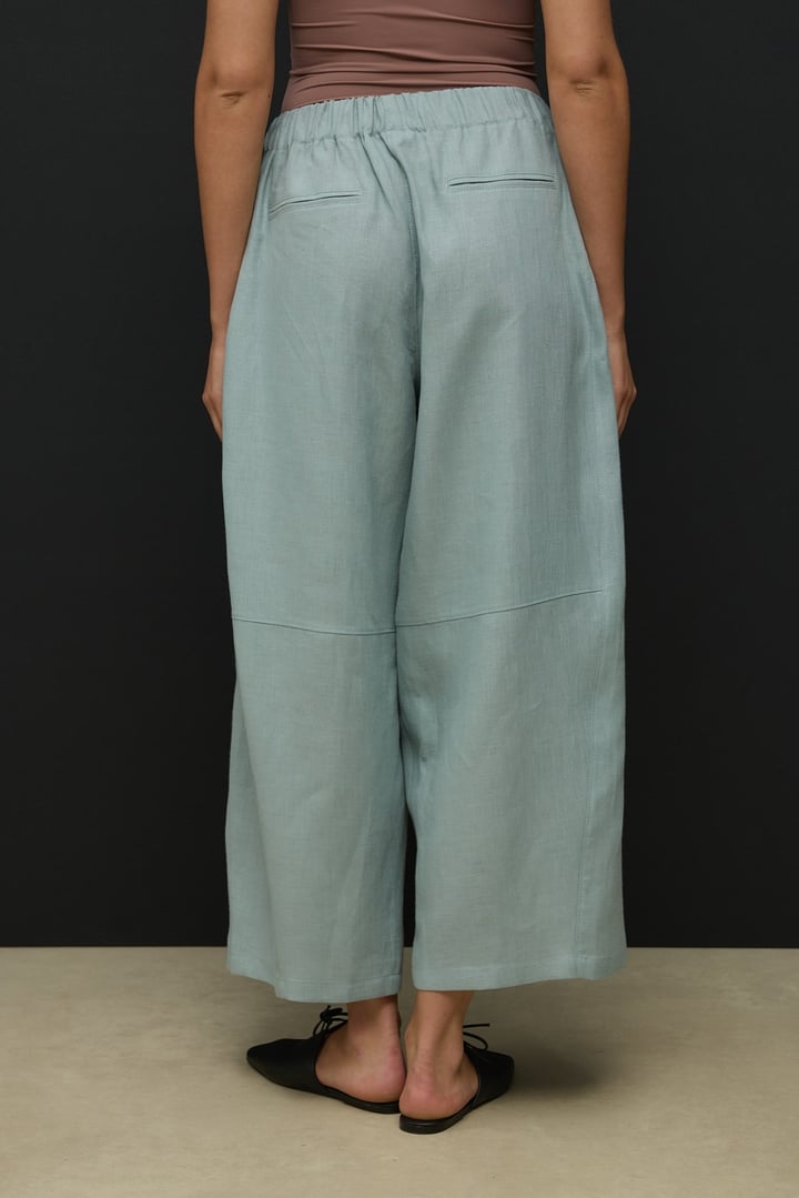 Koyu Mint Kesik Detaylı Crop Barrel Keten Pantolon