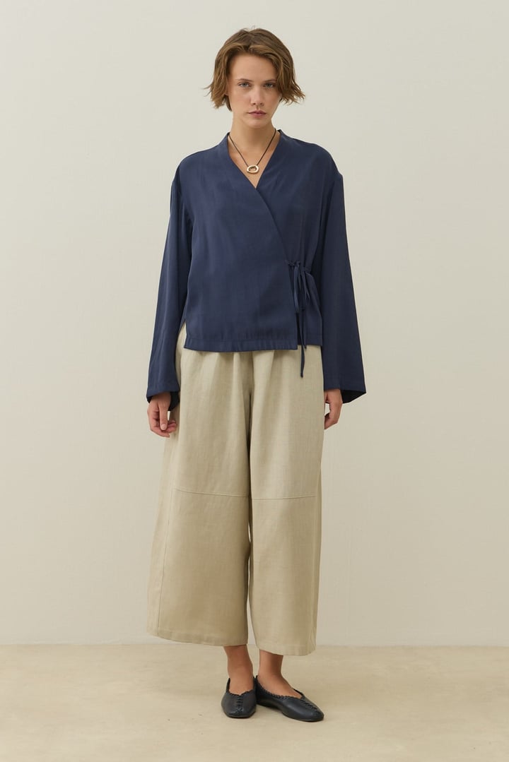 Lacivert Kruvaze Bağlamalı Mini Kimono