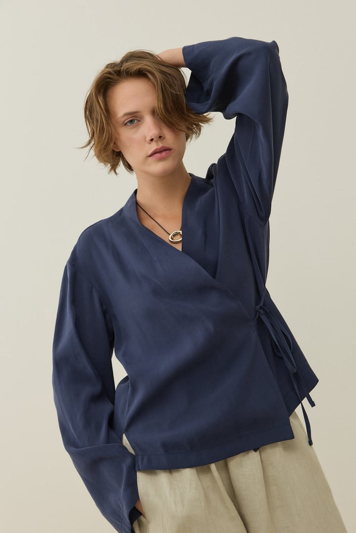 Lacivert Kruvaze Bağlamalı Mini Kimono