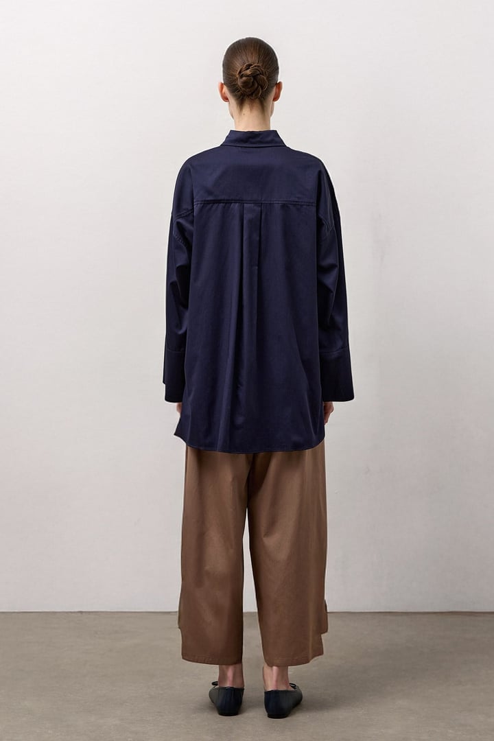 Lacivert Pamuk Saten Oversize Gömlek