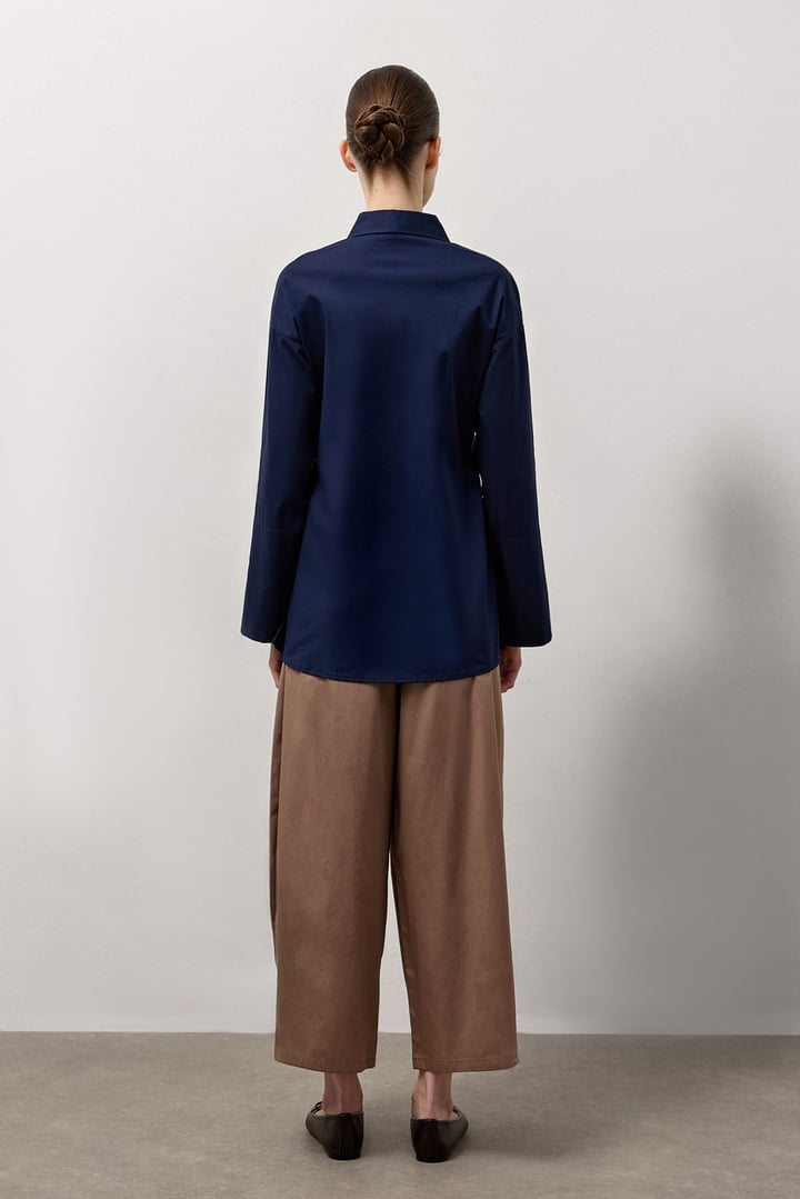 Lacivert Pensli Fitted Poplin Gömlek