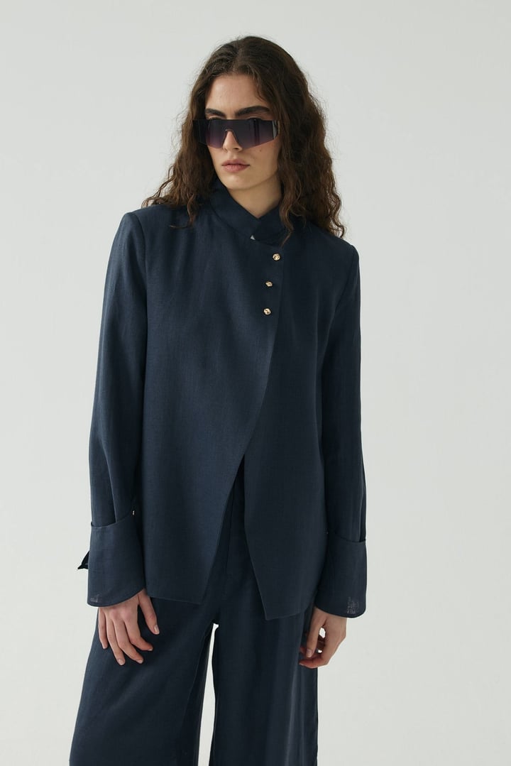 Lacivert Seyyar Manşet Detaylı Keten Blazer