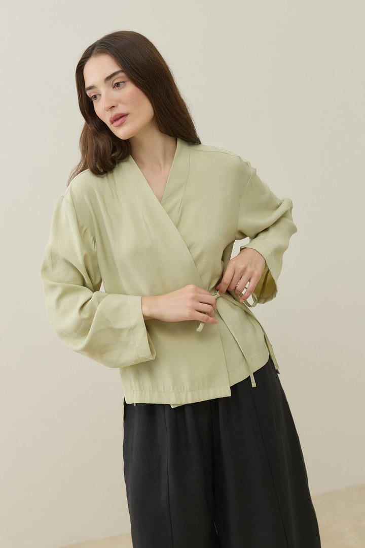 Lime Kruvaze Bağlamalı Mini Kimono