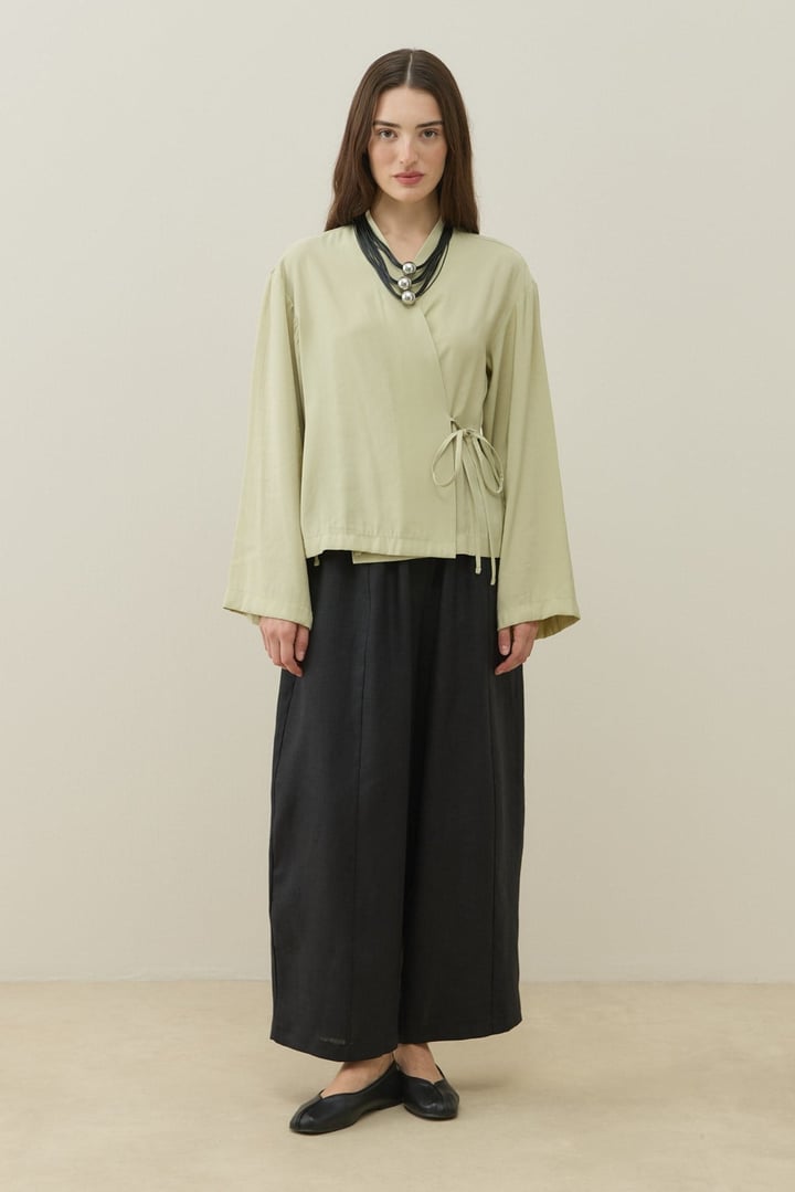 Lime Kruvaze Bağlamalı Mini Kimono