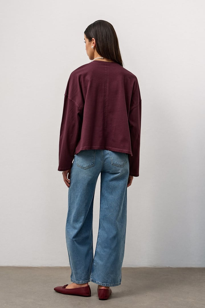 Mürdüm Dikiş Detaylı Bisiklet Yaka Basic T-Shirt