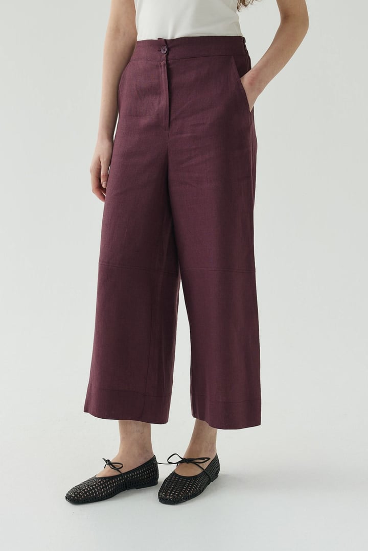 Mürdüm Kesik Detaylı Crop Keten Pantolon