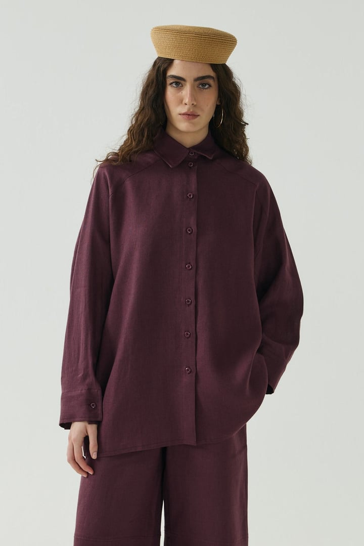 Mürdüm Oversize Basic Keten Gömlek