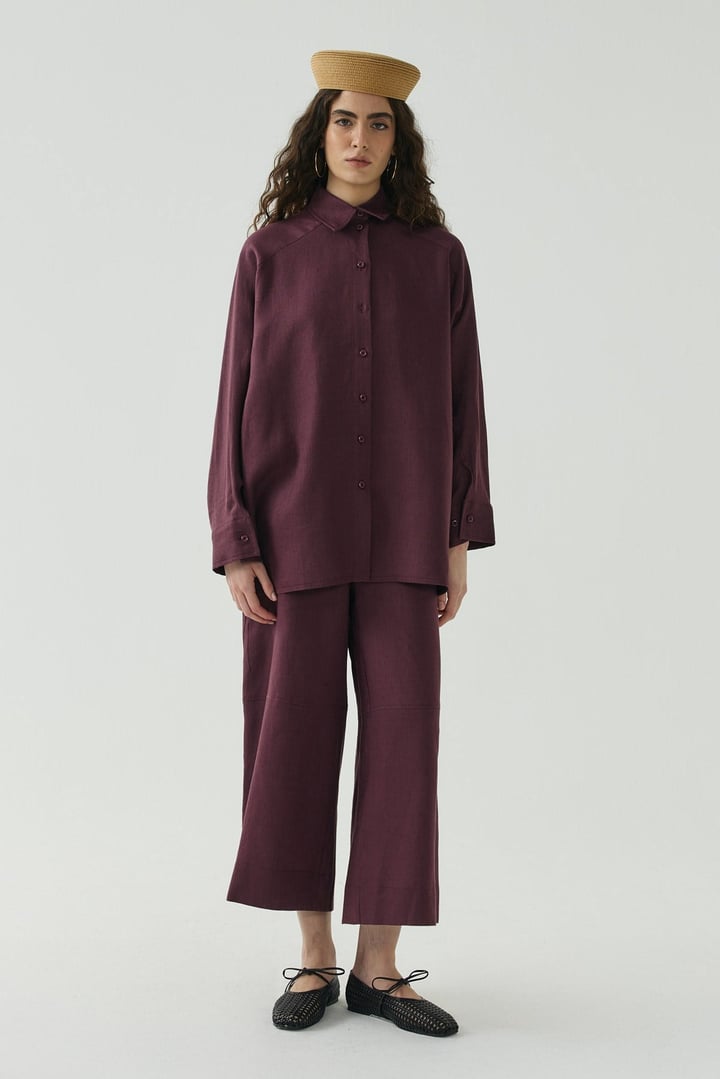 Mürdüm Oversize Basic Keten Gömlek