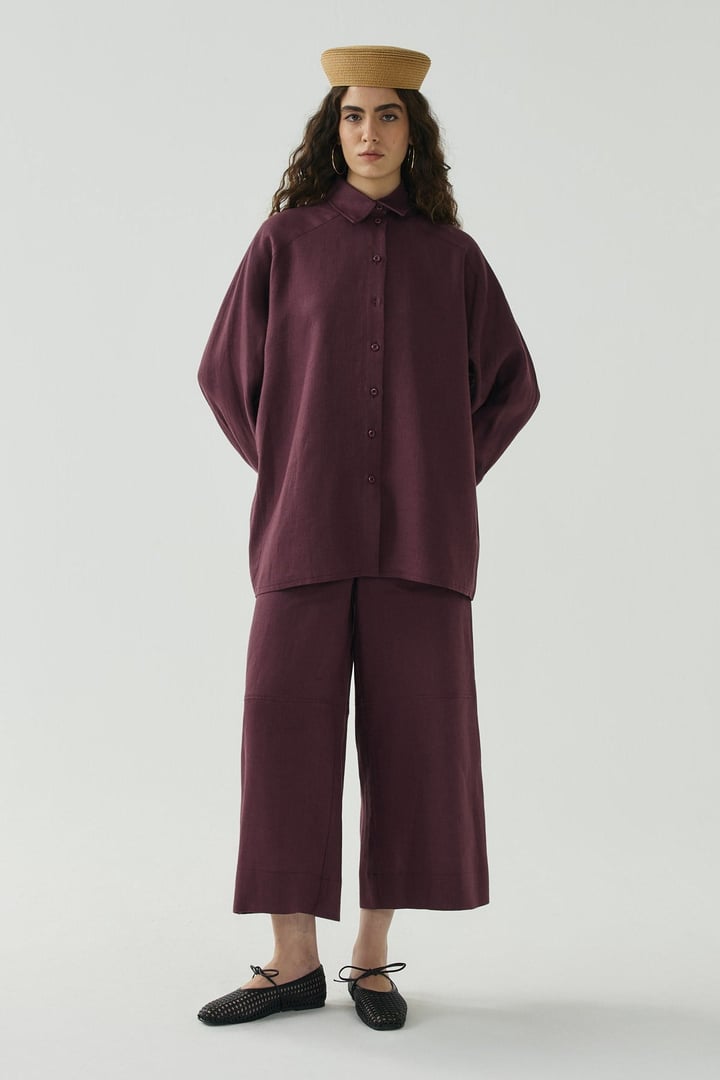 Mürdüm Oversize Basic Keten Gömlek
