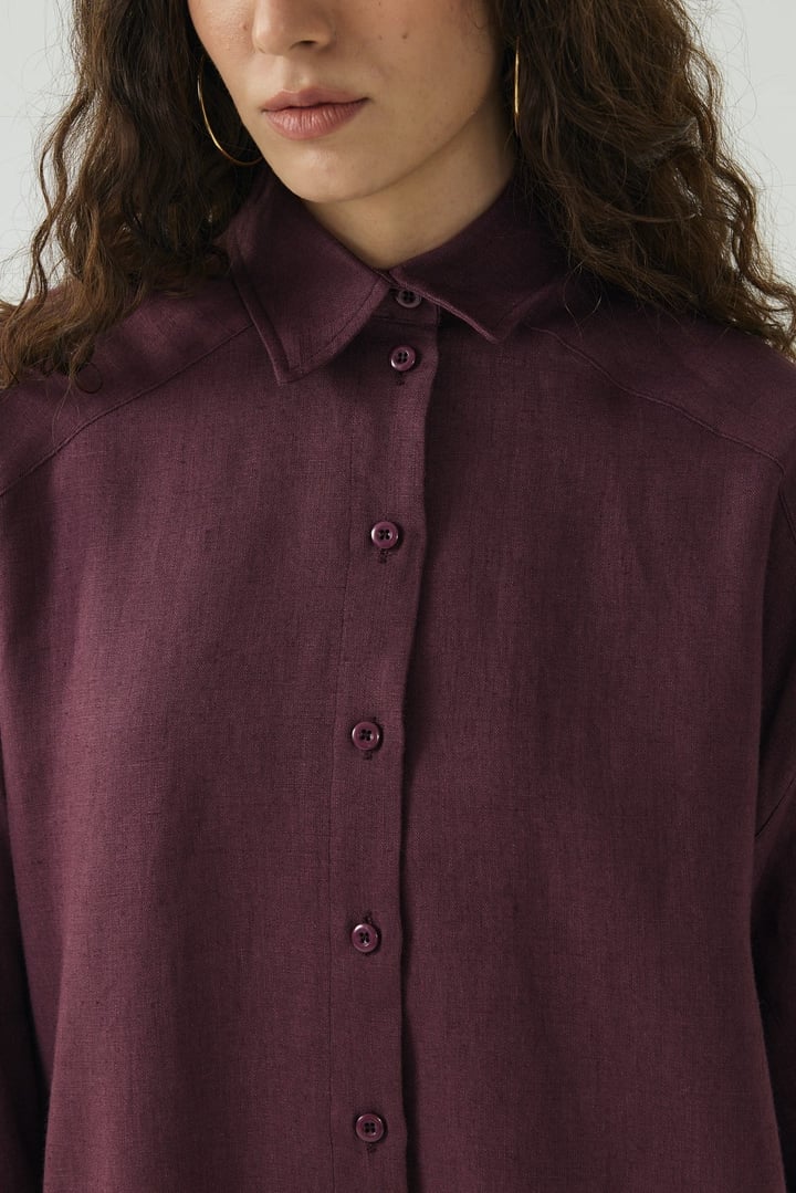 Mürdüm Oversize Basic Keten Gömlek