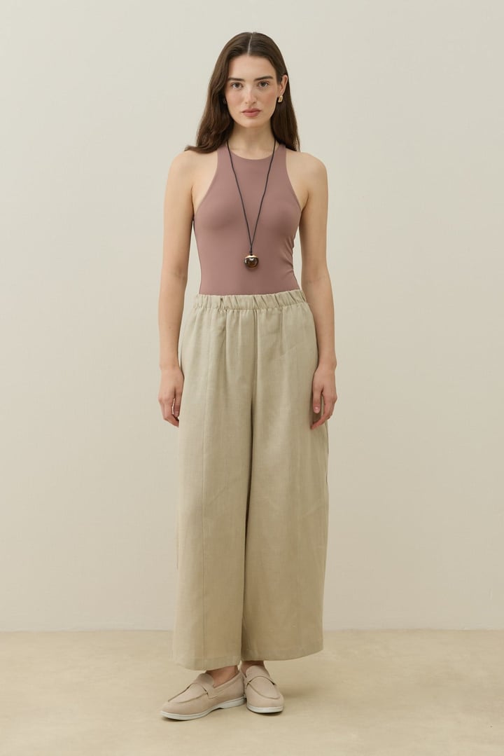 Natürel Barrel Fit Keten Pantolon