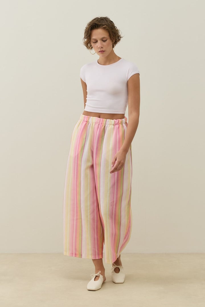 Pembe Çizgi Desen Keten Barrel Pantolon