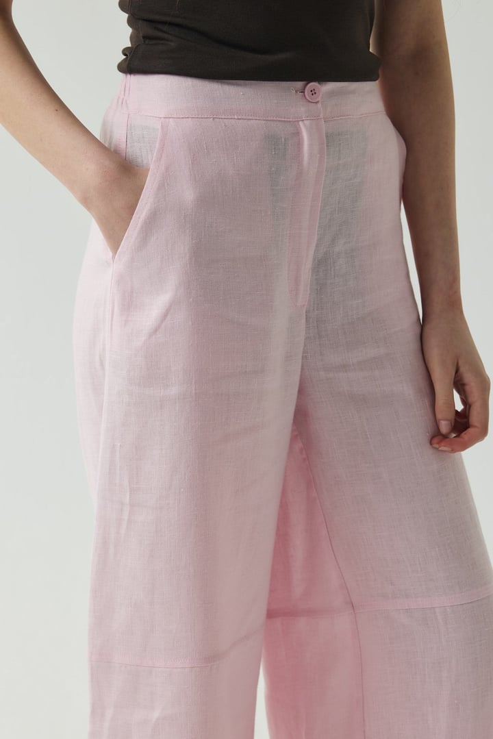 Pembe Kesik Detaylı Crop Keten Pantolon