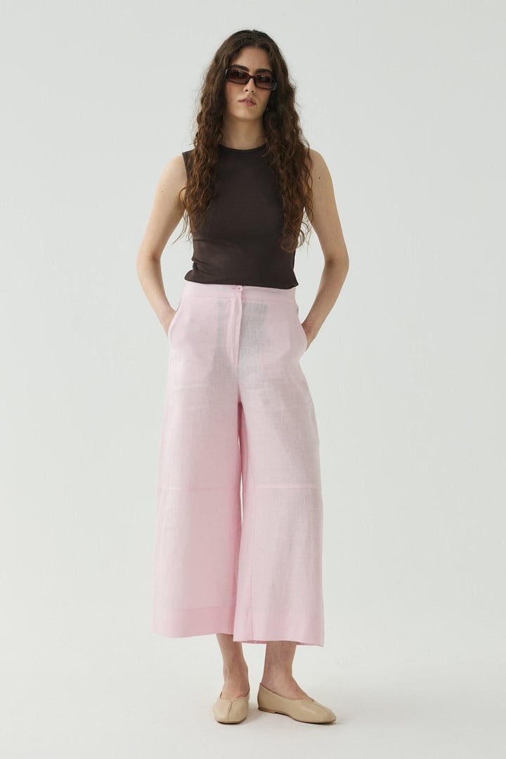 Pembe Kesik Detaylı Crop Keten Pantolon