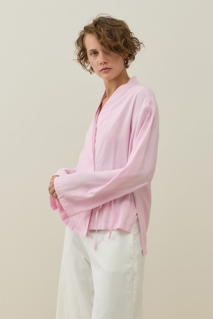 Pembe Kruvaze Bağlamalı Mini Kimono