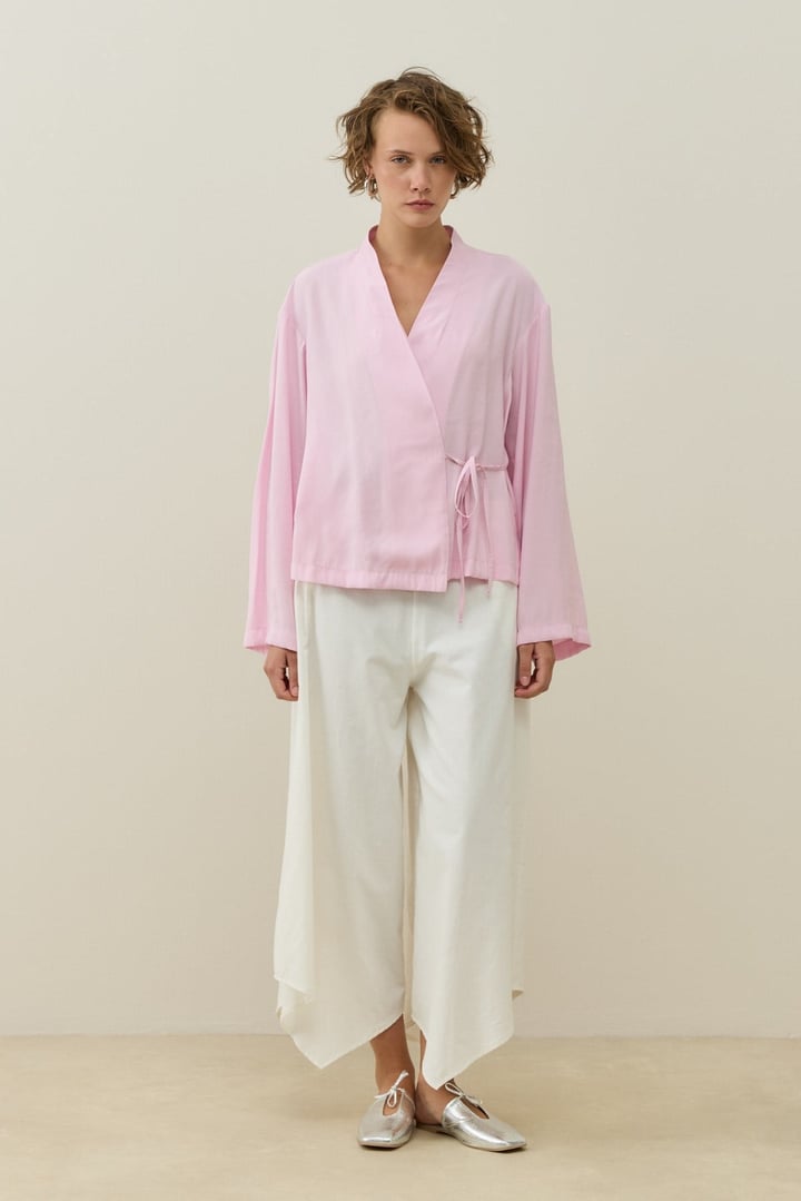 Pembe Kruvaze Bağlamalı Mini Kimono