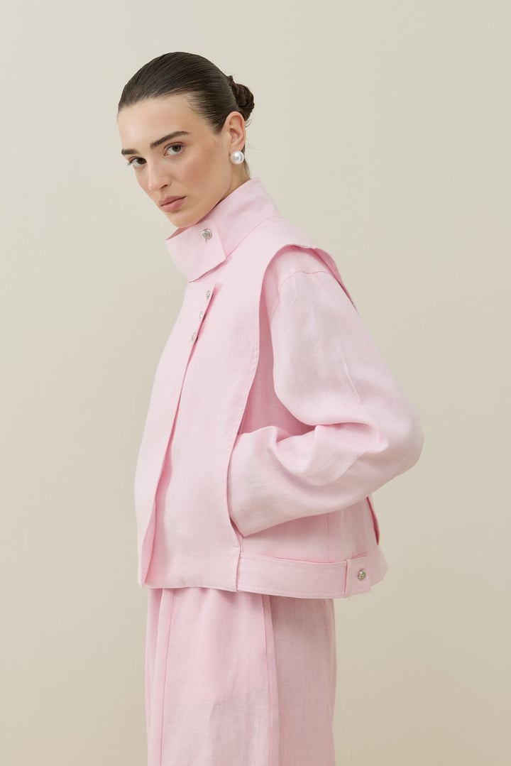 Pembe Metal Düğmeli Kruvaze Keten Ceket